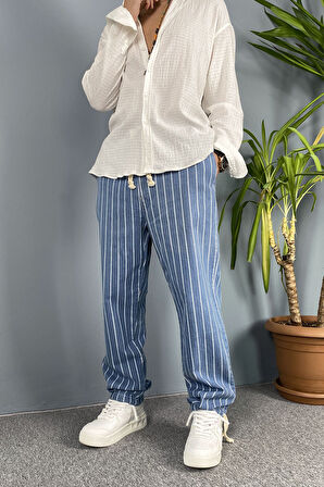 Paçası Bağcıklı Mavi Jean Jogger Rahat Kesim Kot Pantolon