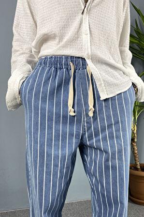 Paçası Bağcıklı Mavi Jean Jogger Rahat Kesim Kot Pantolon