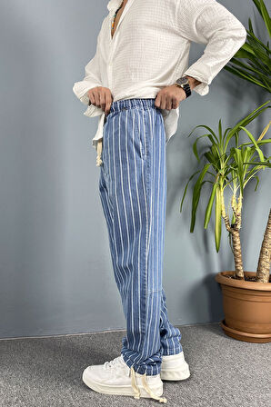 Paçası Bağcıklı Mavi Jean Jogger Rahat Kesim Kot Pantolon