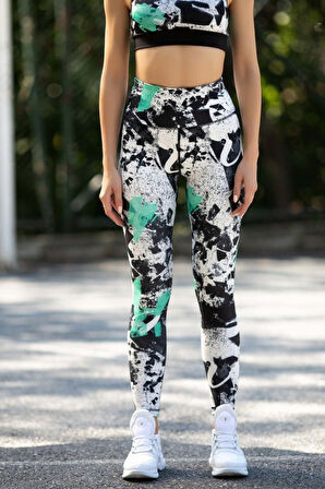 Dar Kesim Desenli Yüksel Bel Dalgıç Kumaş Spor Tayt