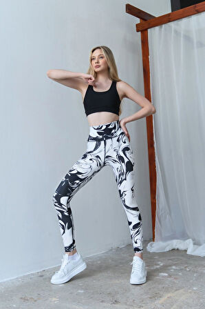 Dar Kesim Desenli Yüksel Bel Dalgıç Kumaş Spor Tayt