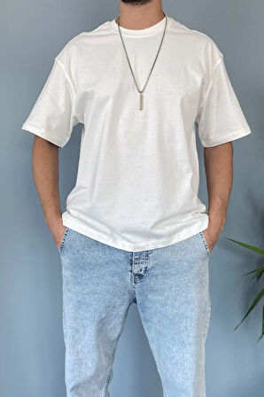 Oversize Fit %100 Pamuk Orta Kalın Dokulu Ekru T-Shirt
