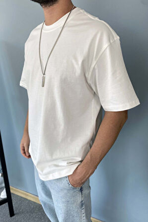 Oversize Fit %100 Pamuk Orta Kalın Dokulu Ekru T-Shirt