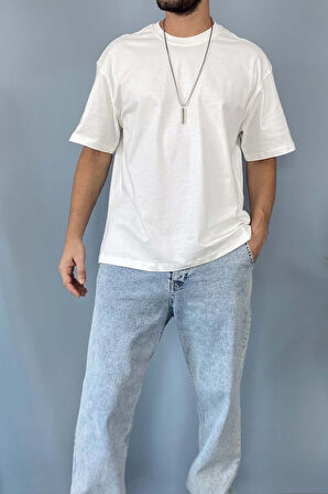 Oversize Fit %100 Pamuk Orta Kalın Dokulu Ekru T-Shirt