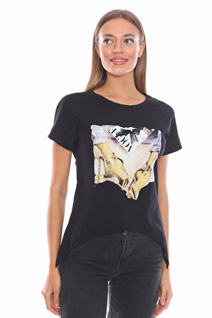 Topuklu Ayakkabı Baskılı Salaş Siyah Kadın Tişört