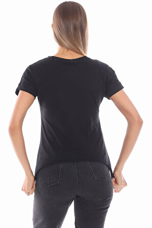 Topuklu Ayakkabı Baskılı Salaş Siyah Kadın Tişört