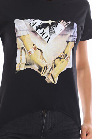 Topuklu Ayakkabı Baskılı Salaş Siyah Kadın Tişört