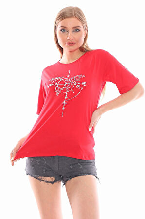 Yön Baskılı Kadın Kırmızı Tişört