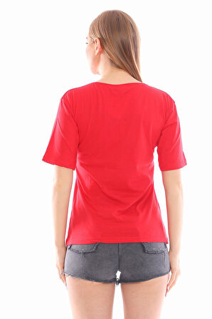 Yön Baskılı Kadın Kırmızı Tişört
