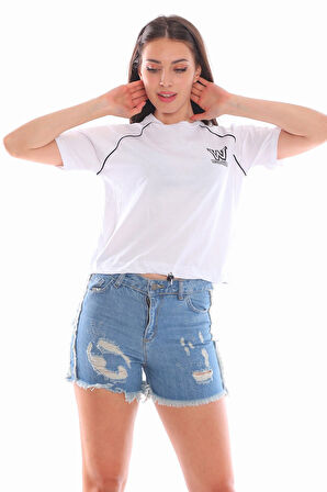 Wildcats Baskılı Belden Ayarlanabilir Beyaz Crop Tişört