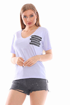 Şeritli Yazı Baskılı V Yakalı Lila Tişört