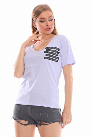 Şeritli Yazı Baskılı V Yakalı Lila Tişört