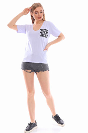 Şeritli Yazı Baskılı V Yakalı Lila Tişört