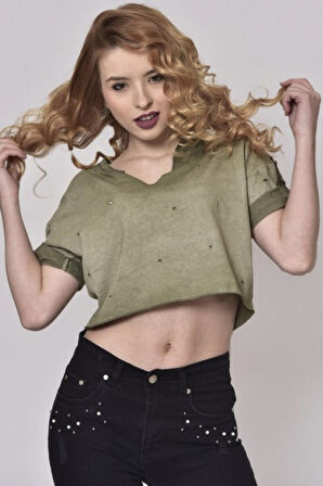 Delikli Tasarım Crop Yeşil Tişört