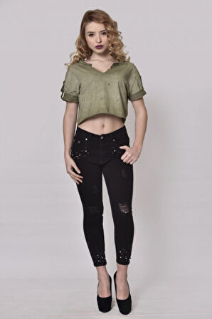 Delikli Tasarım Crop Yeşil Tişört