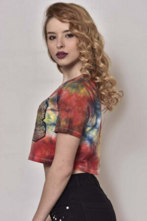 78 Baskılı Çok Renkli Crop Kırmızı T-Shirt