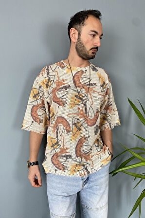 Oversize Bisiklet Yaka Jakarlı  Tişört