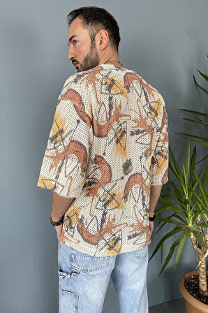 Oversize Bisiklet Yaka Jakarlı Turkuaz Tişört