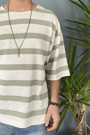 Oversize Bisiklet Yaka Örgü Mint Yeşili Salaş Tişört