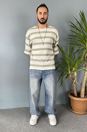 Oversize Bisiklet Yaka Örgü Mint Yeşili Salaş Tişört