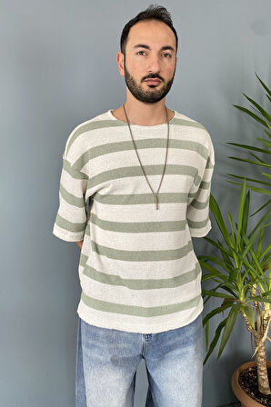 Oversize Bisiklet Yaka Örgü Mint Yeşili Salaş Tişört