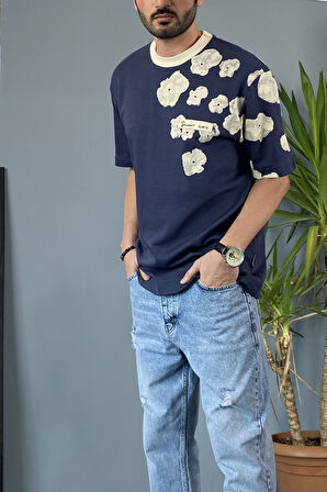 Bisiklet Yaka Omuz Desenli Yazlık Lacivert Tişört