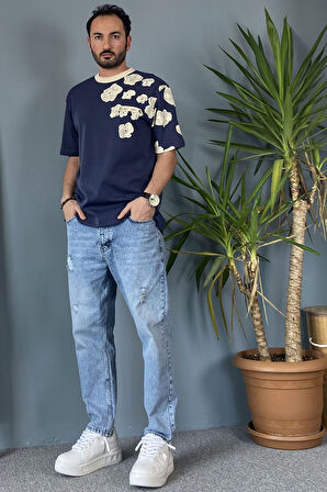 Bisiklet Yaka Omuz Desenli Yazlık Lacivert Tişört