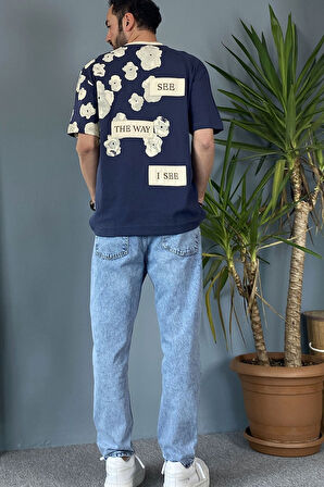 Bisiklet Yaka Omuz Desenli Yazlık Lacivert Tişört