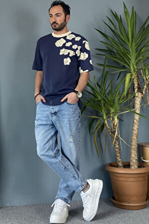 Bisiklet Yaka Omuz Desenli Yazlık Lacivert Tişört