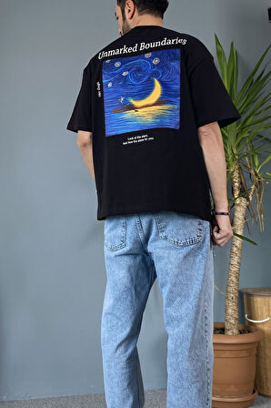 Van Gogh Baskılı Bisiklet Yaka Oversize Siyah Tişört