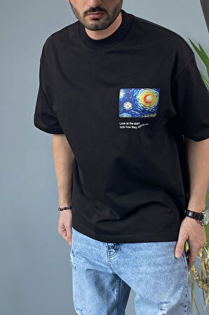 Van Gogh Baskılı Bisiklet Yaka Oversize Siyah Tişört