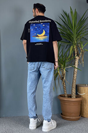 Van Gogh Baskılı Bisiklet Yaka Oversize Siyah Tişört
