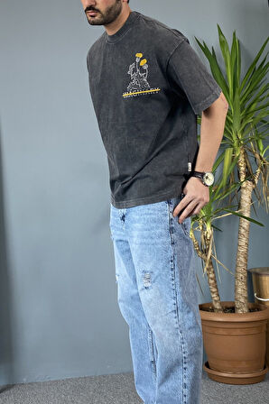 Bisiklet Yaka Imaginary Yıkamalı Oversize Antrasit Tişört