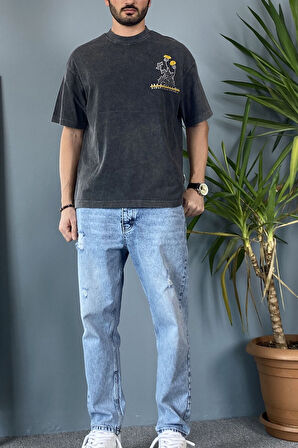 Bisiklet Yaka Imaginary Yıkamalı Oversize Antrasit Tişört