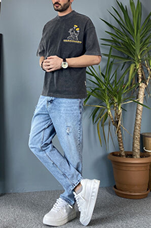 Bisiklet Yaka Imaginary Yıkamalı Oversize Antrasit Tişört