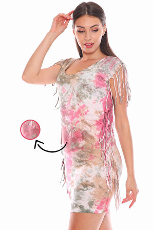 Pembe Yağlı Boya Desenli Sırt Dekolteli Tunik