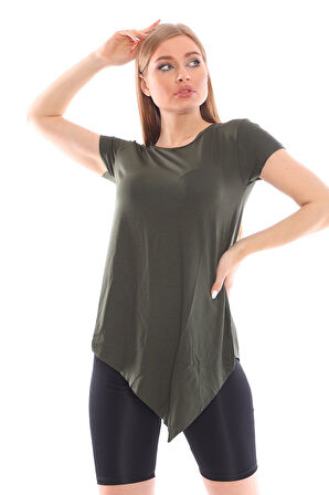 Çapraz Kesim Viskon Kumaş Casual Haki Tunik