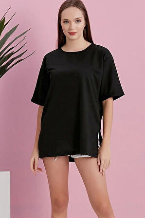 Yırtmaçlı Duble Kol Geniş Bisiklet Yaka Oversize Sweatshirt