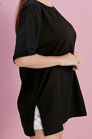 Yırtmaçlı Duble Kol Geniş Bisiklet Yaka Oversize Sweatshirt