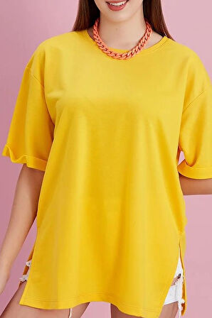 Yırtmaçlı Duble Kol Geniş Bisiklet Yaka Oversize Sweatshirt