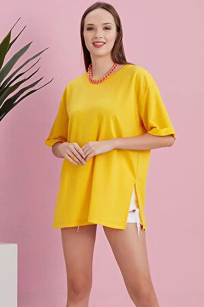 Yırtmaçlı Duble Kol Geniş Bisiklet Yaka Oversize Sweatshirt