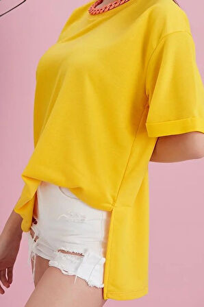 Yırtmaçlı Duble Kol Geniş Bisiklet Yaka Oversize Sweatshirt