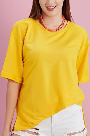 Yırtmaçlı Duble Kol Geniş Bisiklet Yaka Oversize Sweatshirt