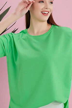 Yırtmaçlı Duble Kol Geniş Bisiklet Yaka Oversize Sweatshirt