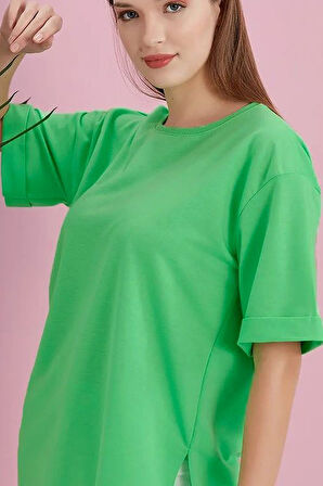 Yırtmaçlı Duble Kol Geniş Bisiklet Yaka Oversize Sweatshirt