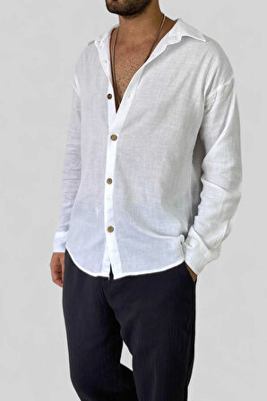 Uzunkol Beyaz Erkek Pamuk Gömlek