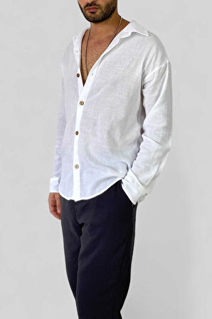Uzunkol Beyaz Erkek Pamuk Gömlek