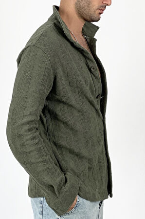 Jakarlı Oversize Triko Örgü Uzun Kol Vizon Gömlek