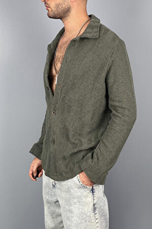 Jakarlı Oversize Triko Örgü Uzun Kol Vizon Gömlek