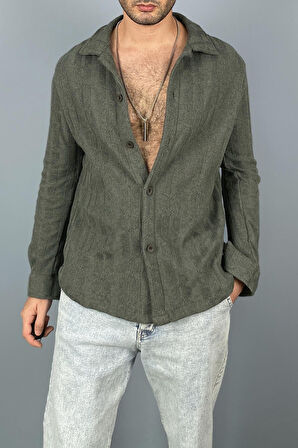 Jakarlı Oversize Triko Örgü Uzun Kol Vizon Gömlek